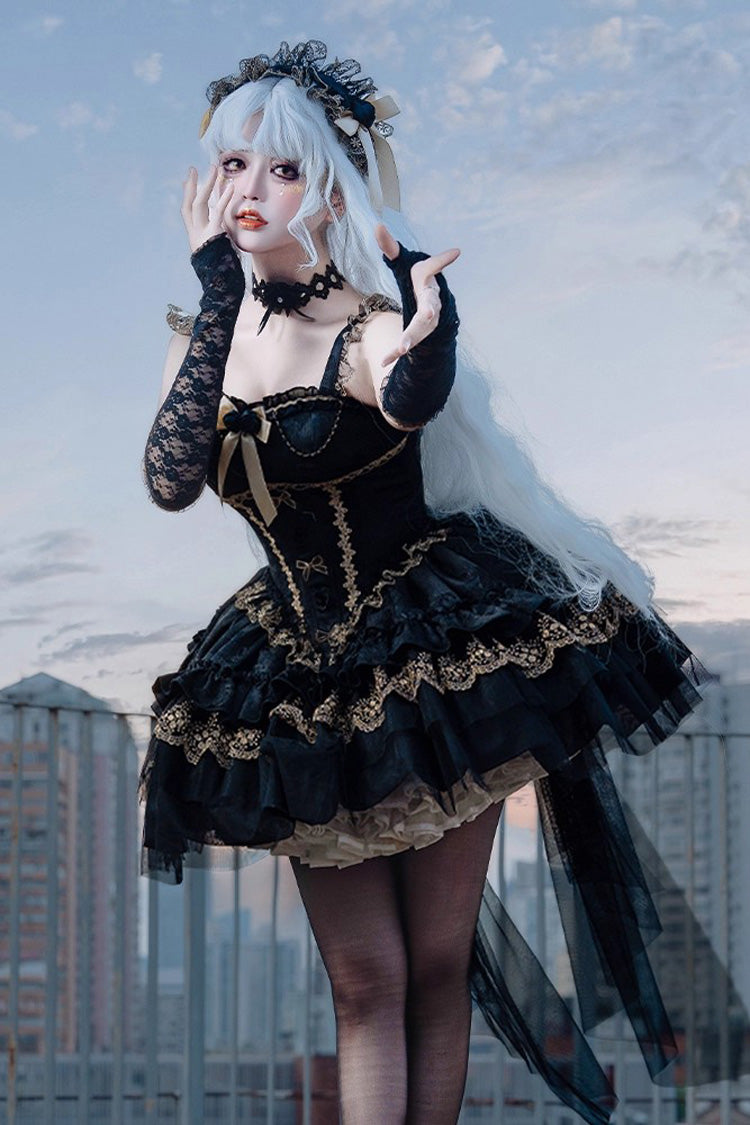 Black Fleeting Light and Shallow Dream Sleeveless Multi-Layered Ruffle Bowknot Lace Slim Gothic Ballet Lolita Jsk Dress