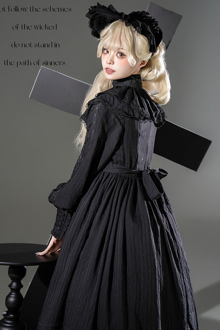 Black Quiet Place Long Sleeves Jacquard Ruffle Embroidery Bowknot Gothic Lolita Dress