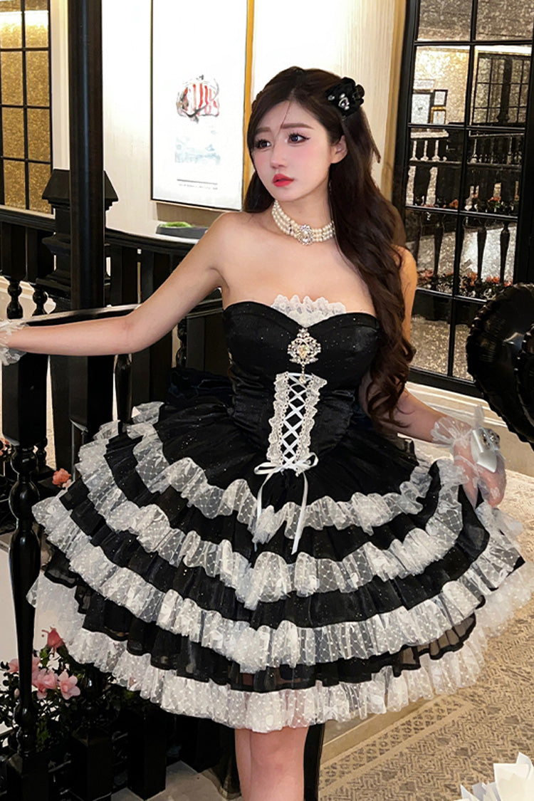Black Heartbeat at First Sight Off Shoulder Sleeveless Multi-Layered Ruffle Bowknot Lace Lace-Up Sweet Princess Gorgeous Lolita Dress