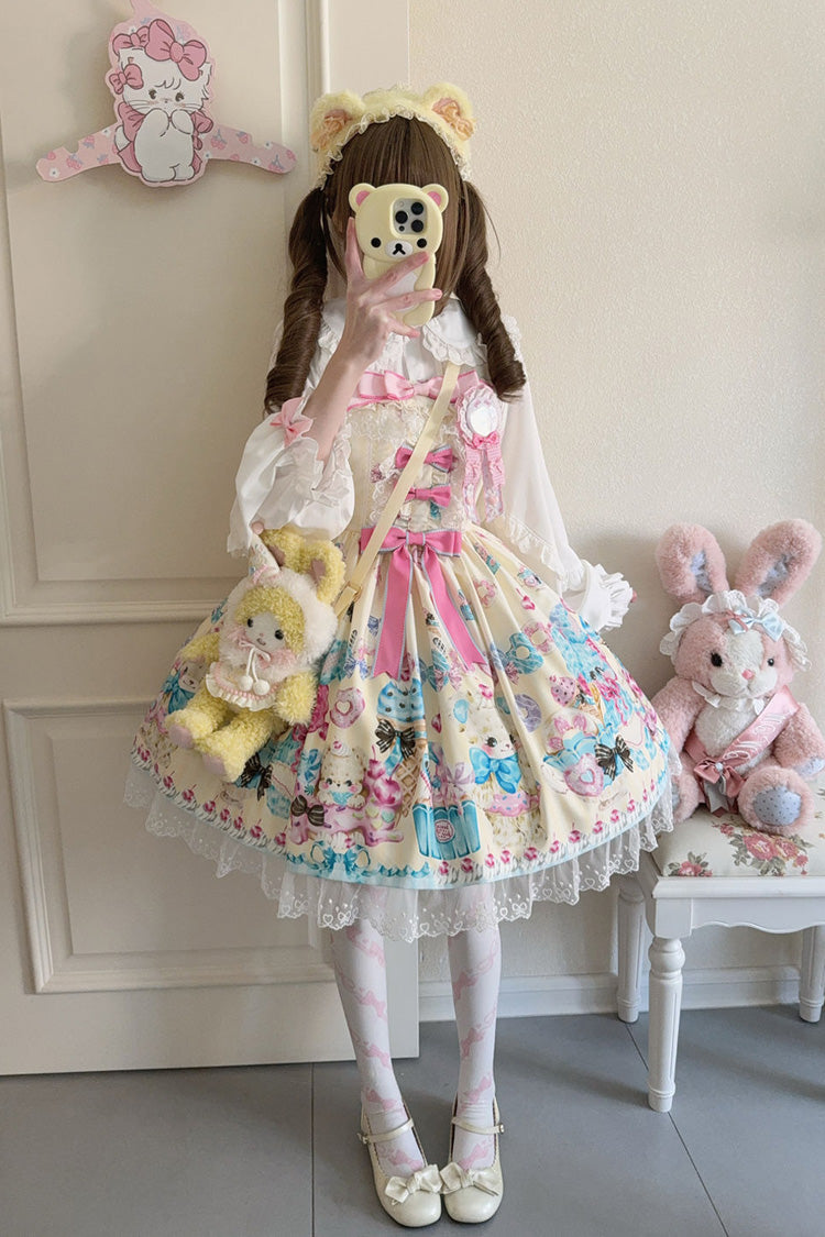 Yellow Floral Whisper Bear Print Ruffle Bowknot Lace Sweet Princess Lolita Jsk Dress