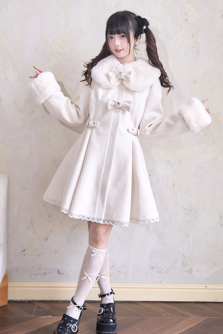 Sweet Plush Collar Waist-cinched Long Sleeves Bowknot Lace Japanese Lolita Coat 4 Colors