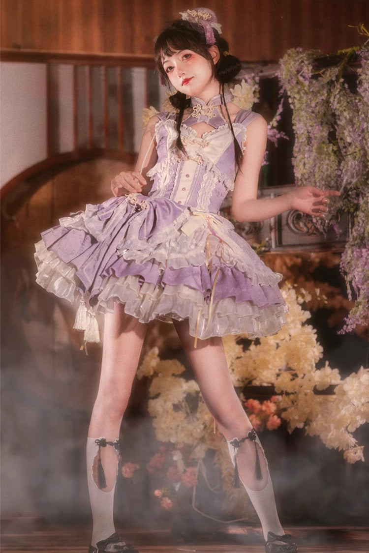 Purple White Pear Dream Multi-layer Ruffle Lace Sweet Chinese Style Princess Lolita Jsk Dress