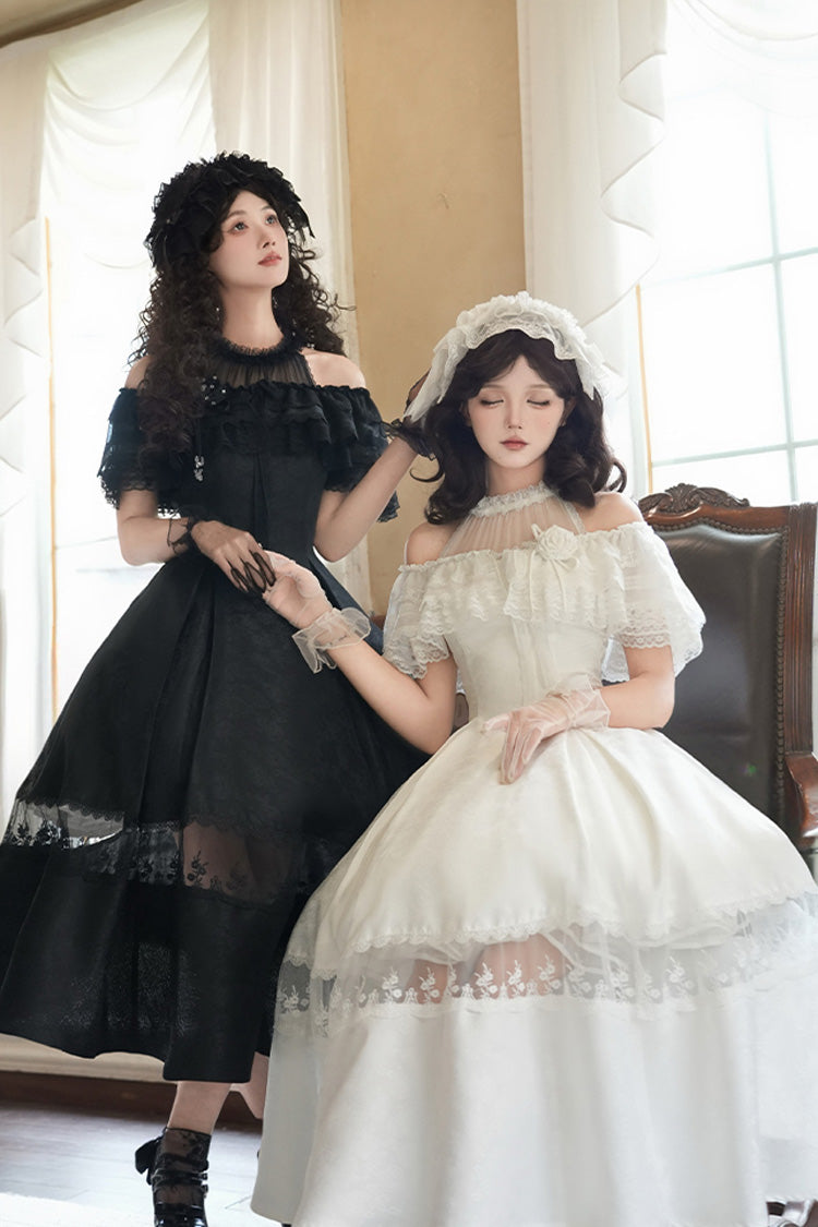 White Flowers in the Mist Off Shoulder Halterneck Print Ruffle Gothic Elegant Lolita Dress