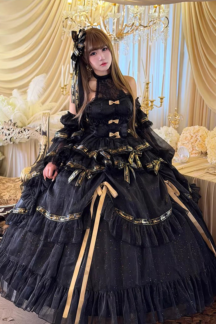 Black Obsidian Banquet Double-Layered Ruffled Hanayome Bow Lace Sweet Gothic Princess Lolita Jsk Dress
