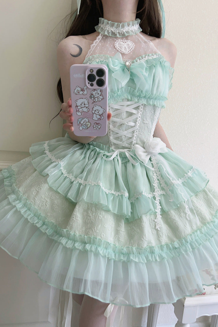 Green Halterneck Triple-Layered Bowknot Lace Sweet Lolita Jsk Dress