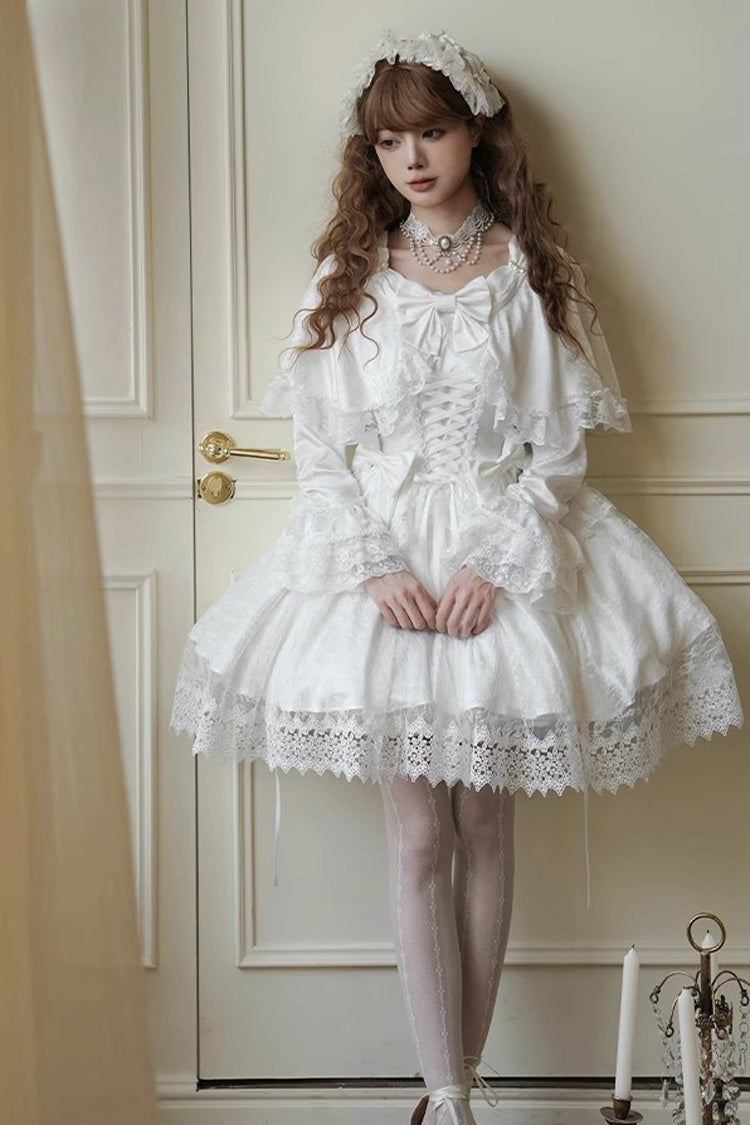 White Cherish Long Trumpet Sleeves Ruffle Hanayome Bowknot Lace-Up Sweet Lolita Dress