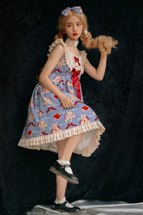 Blue Ruffled Strap Wish Cat Sweet Lolita JSK Dress