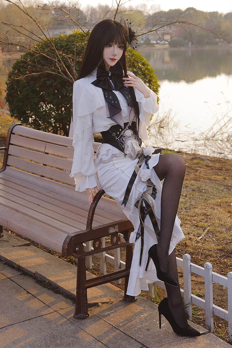 White Star Gate Jacquard Embroidery Bowknot Irregular Sweet Elegant Princess Lolita Skirt