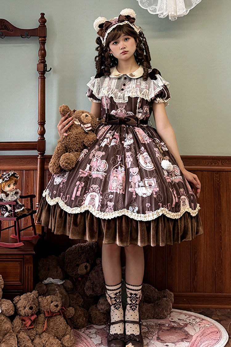 Brown Bear Doll Wall Print Short Sleeves Ruffle Embroidery Bowknot Sweet Lolita Dress