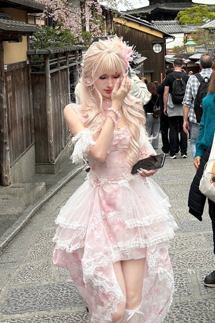 Pink Sakura Trio Sleeveless Double-Layered Ruffle Bowknot Lace Sweet Princess Lolita Jsk Dress