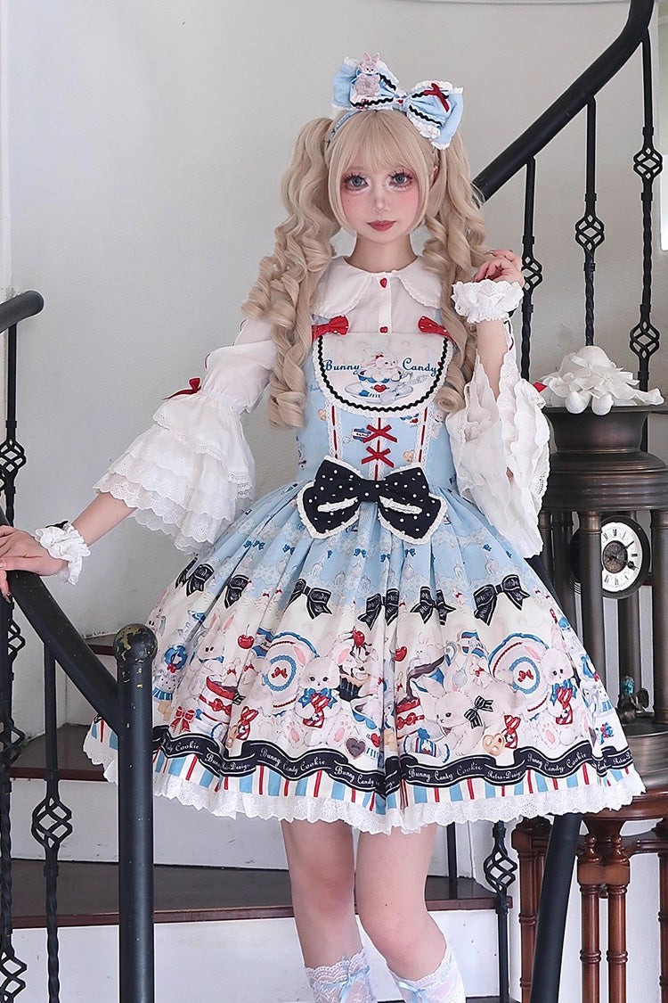 Blue Mystery Rabbit Tea Party Sleeveless Print Ruffle Bowknot Lace Sweet Lolita Jsk Dress