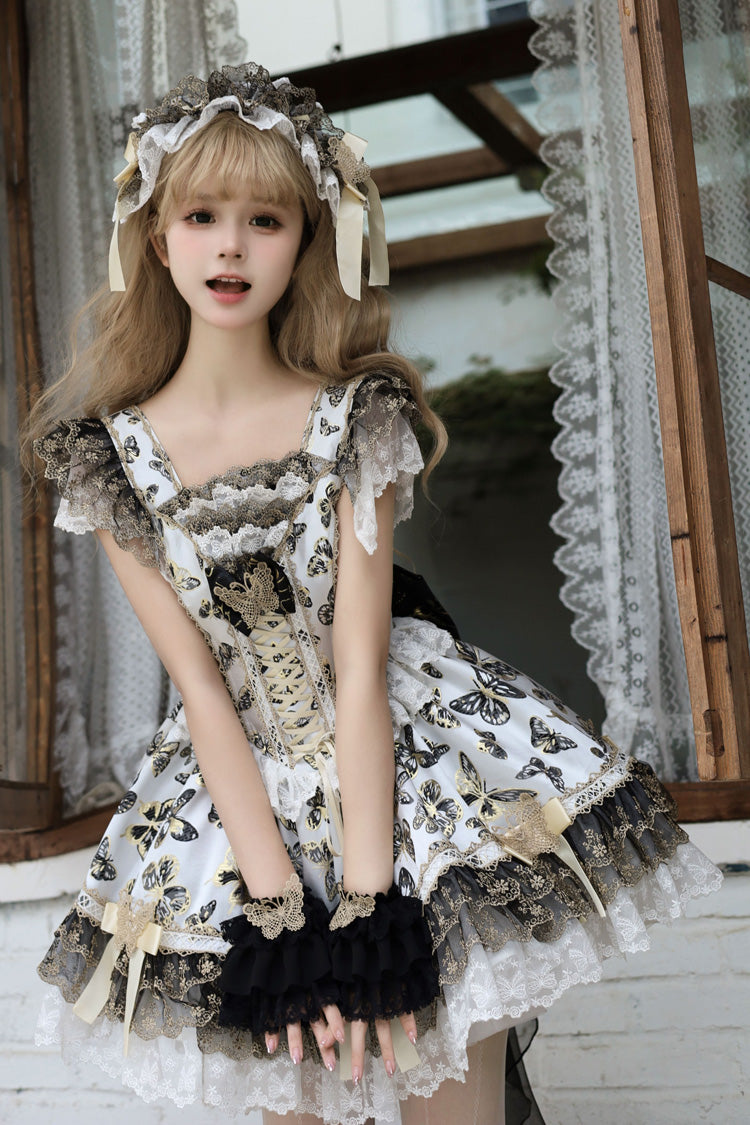 Cream Golden Spirit • Dream Butterfly Sleeveless Print Ruffle Bowknot Lace-Up Sweet Princess Lolita Jsk Dress Set