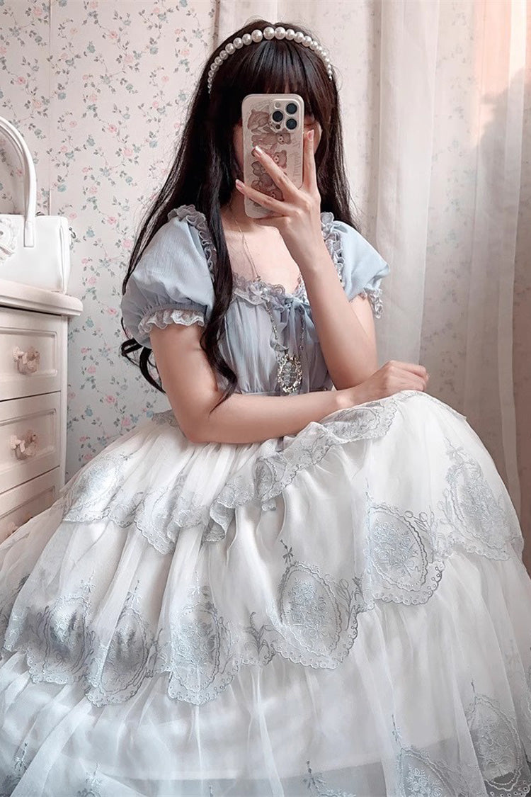 Light Blue Flower Promise Short Sleeves Multi-layer Print Sweet Elegant Princess Lolita Dress