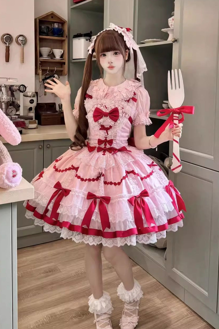 Red/Pink Scarlet Heart Cocoa Sleeveless Triple-Layered Ruffle Embroidery Bowknot Lace Sweet Lolita Jsk Dress