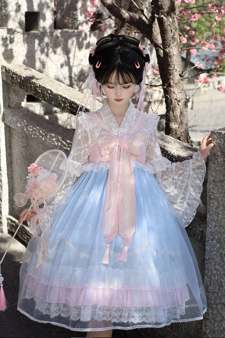Peach Blossoms in Spring Fields Sleeveless Ruffle Bowknot Lace Sweet Chinese Style Lolita Jsk Dress 3 Colors