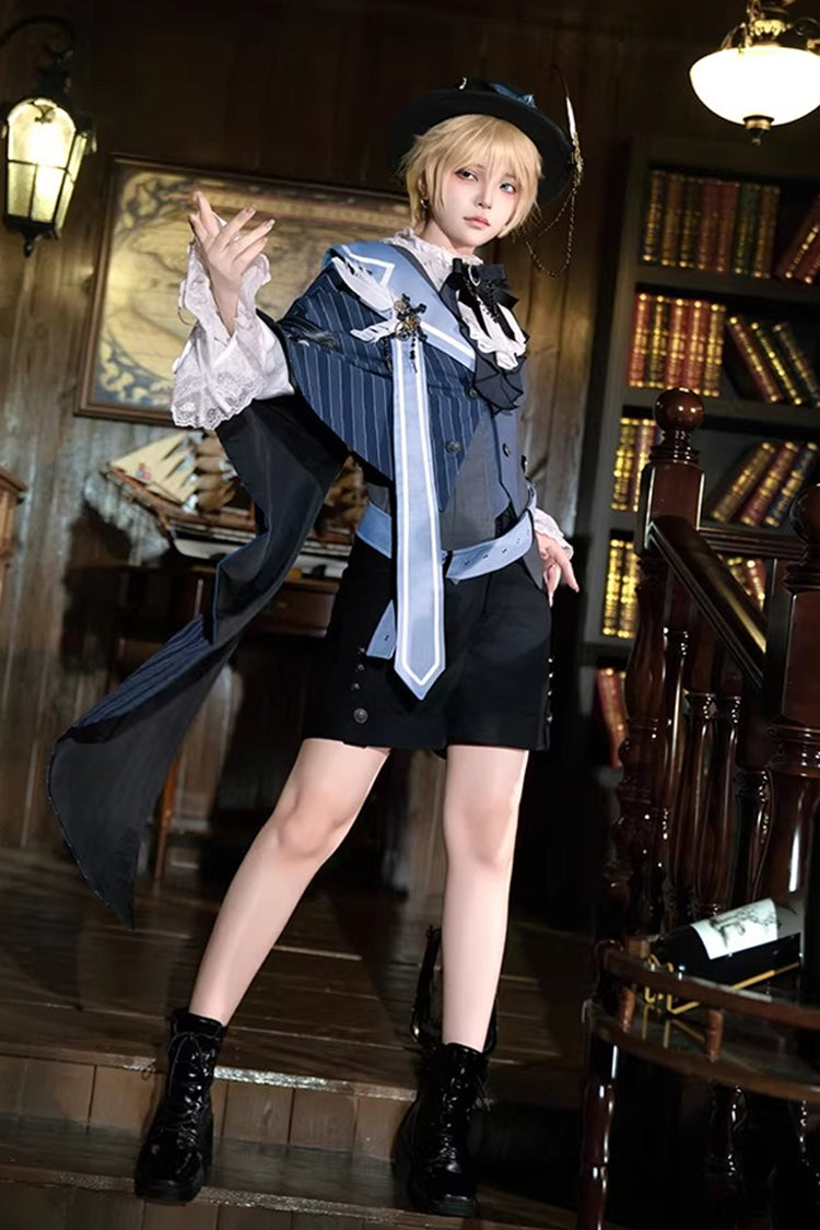 White/Grey/Blue Age of Machines Bow Asymmetric Punk Prince Ouji Lolita Shorts Vest Cloak Set
