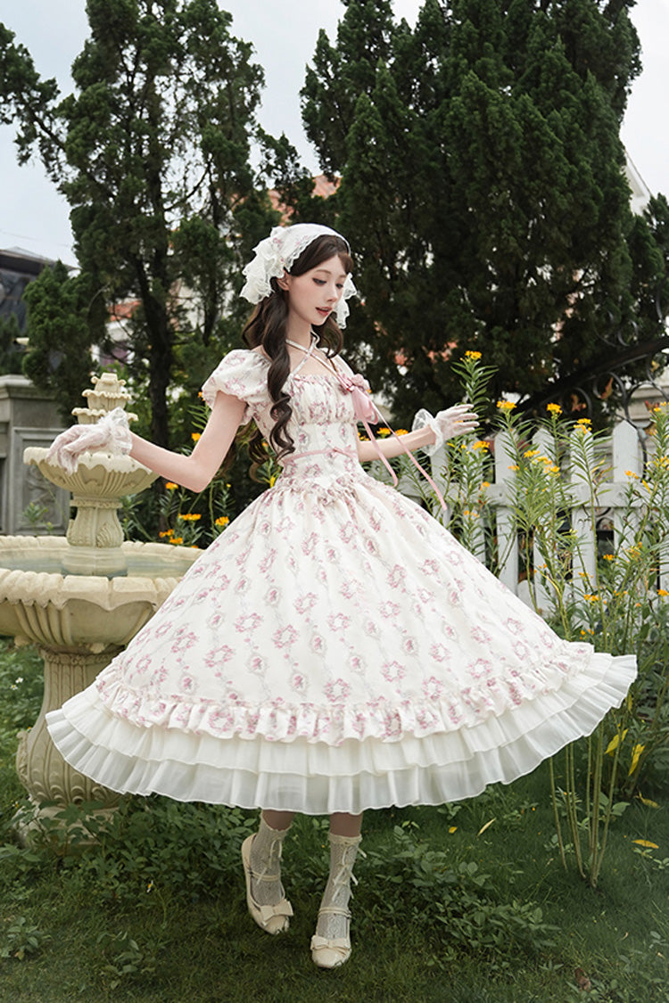Ivory Rose After The Rain Short Sleeves Triple-Layered Print Ruffle Bowknot Lace-Up Sweet Lolita Long Dress
