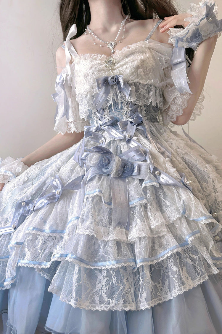 Blue Diane Rose Short Sleeves Multi-Layered Jacquard Ruffle Hanayome Cardigan Bowknot Lace Sweet Lolita Dress