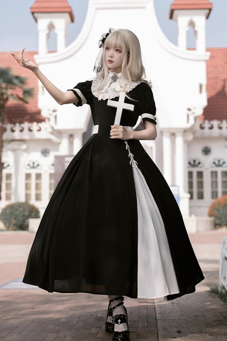 Black/White Short Sleeves Color-blocked with Detachable Embroidered Faux Collar Gothic Lolita Dress