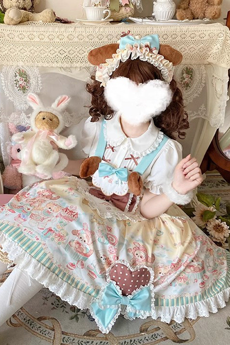 Multi-Color Sweet Pet Paradise Print Ruffle Bowknot Vintage Lolita Strap Dress