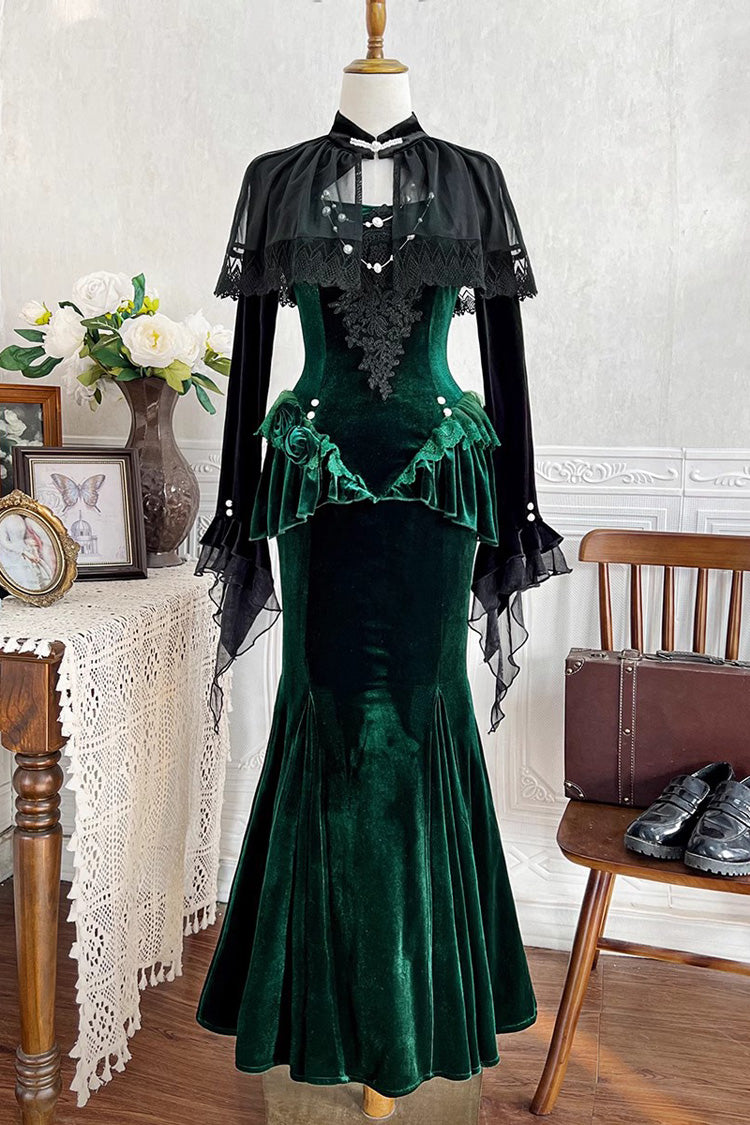 Green Dark Forest Ruffle Embroidery Slim Elegant Lolita Jsk Fishtail Dress