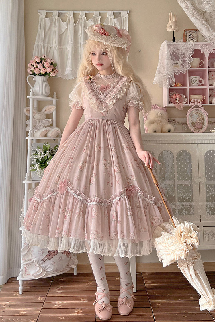 Daydream Rose Short Sleeves Floral Jacquard Print Ruffle Embroidery Bowknot Sweet Lolita Dress 3 Colors