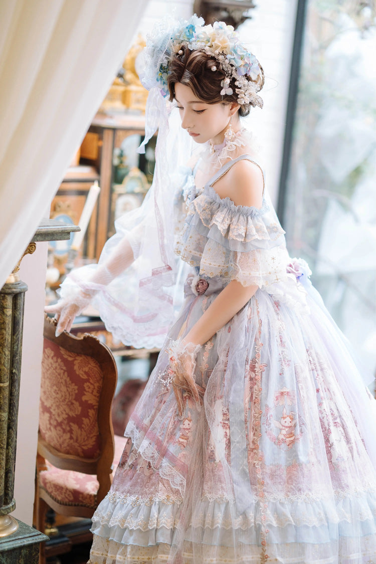 Blue Moonlight Melody Off Shoulder Sleeveless Multi-Layered Hanayome Open-Front Bow Lace Sweet Gorgeous Lolita Jsk Dress Set