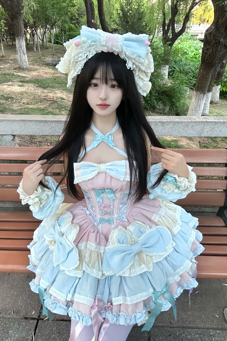 Multi-Color Ribbon Dance Multi-Layered Ruffle Bowknot Lace-Up Sweet Princess Lolita Dress