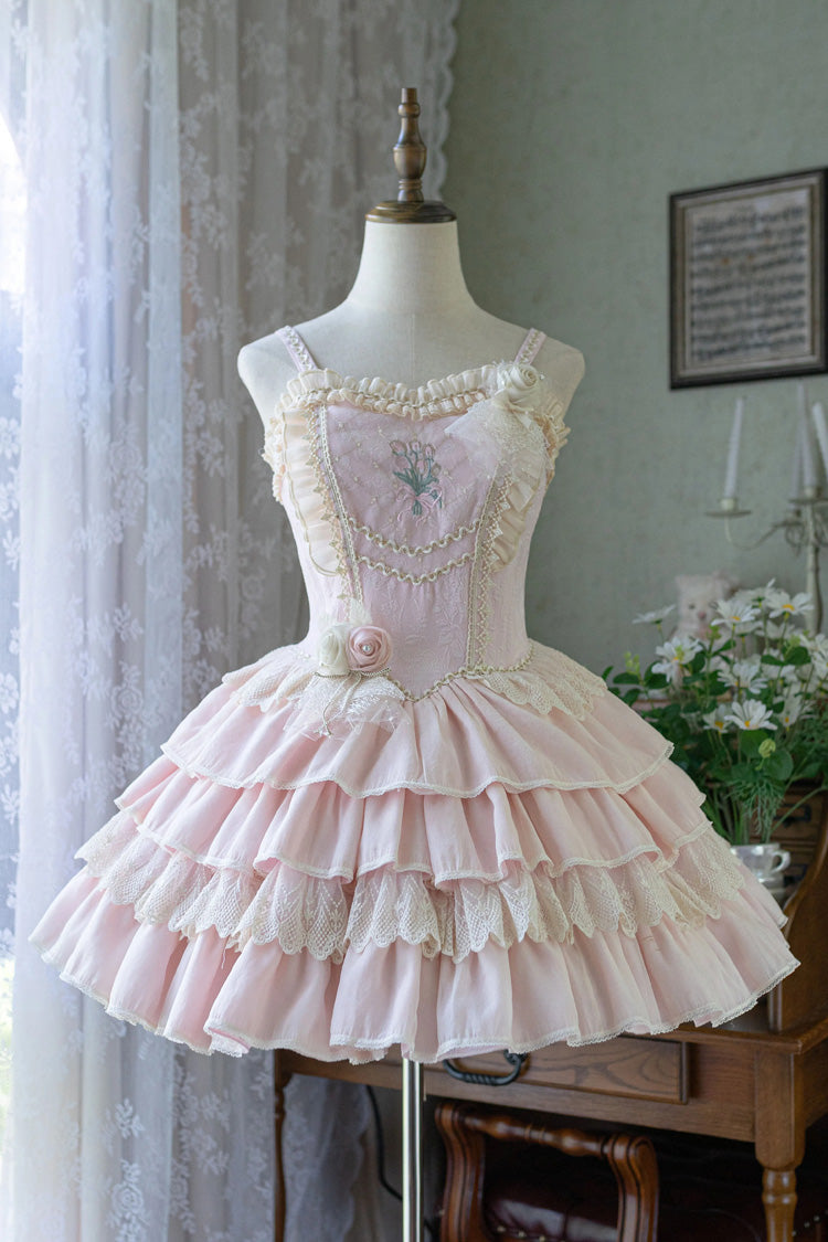 Good Night, Tulip Sleeveless Multi-Layered Ruffled Embroidered Lace Sweet Ballet Lolita Jsk Dress 2 Colors