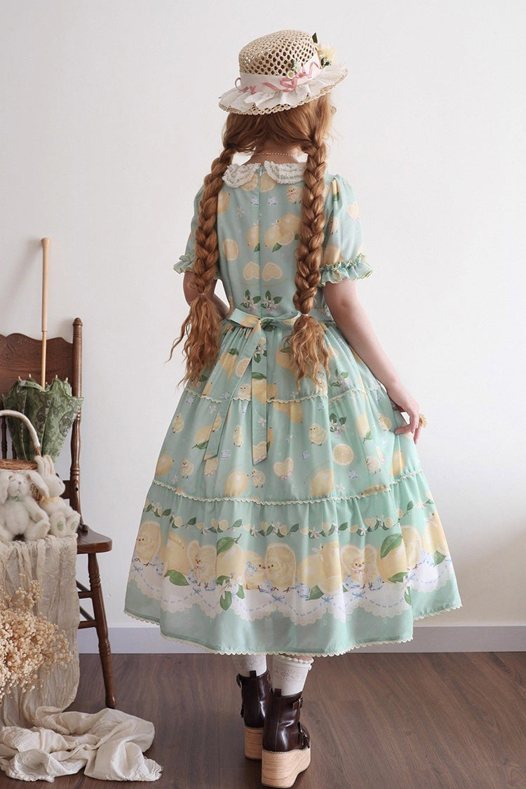 Green Lemon Chicken Short Sleeves Print Ruffle Bowknot Lace Daily Sweet Lolita Dress