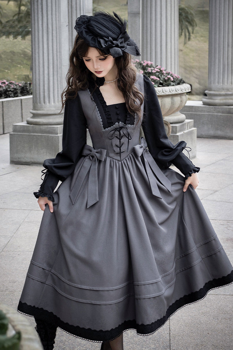 Grey Mist Chronicle Square Collar Long Sleeves Bowknot Lace-Up Color-Block Fake Two Pieces Classic Lolita Dress