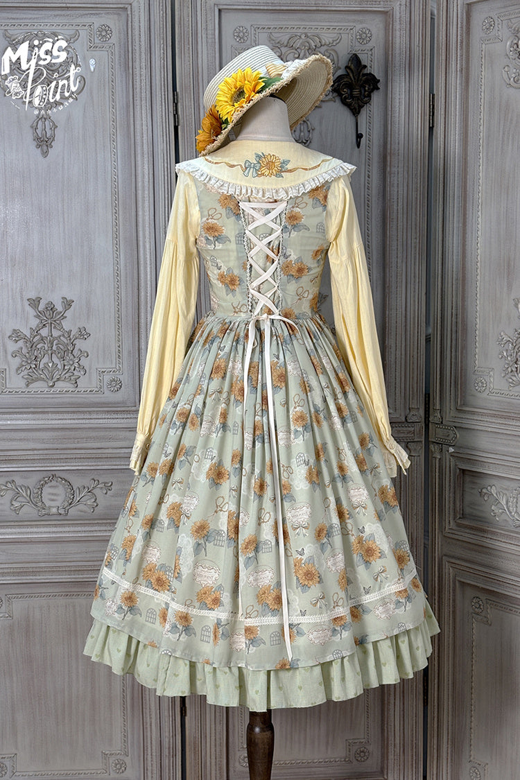 Green Gardening Sunflower Sleeveless Print Ruffle Bowknot Sweet Elegant Uplift Lolita Jsk Dress