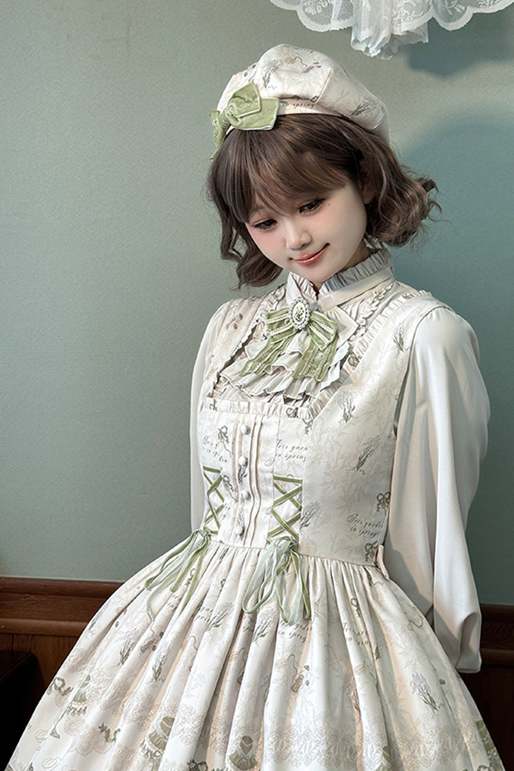 Iris Study Square Collar Print Bowknot Lace-Up Sweet Lolita Jumper Dress 2 Colors