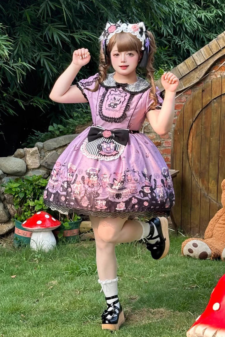 Purple Devil Cat Print Short Sleeves Ruffle Bowknot Lace Gothic Lolita OP Dress (Plus Size Support)