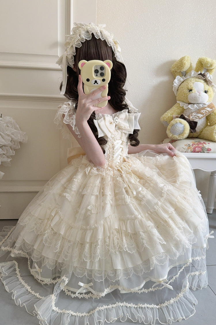 Apricot Eternal Vow Sleeveless Multi-Layered Ruffle Hanayome Bowknot Lace Lace-Up Sweet Lolita Jsk Dress