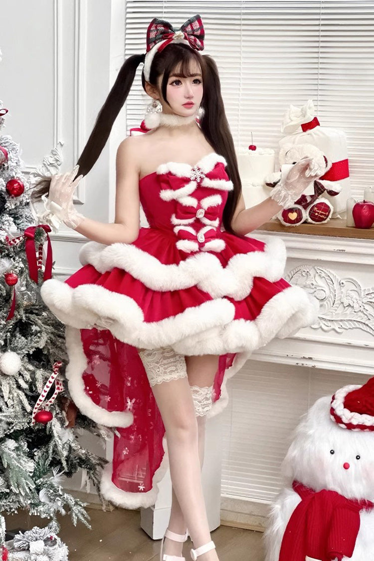 Red Holiday Double-Layered Bowknot Sweet Princess Lolita Strapless Dress