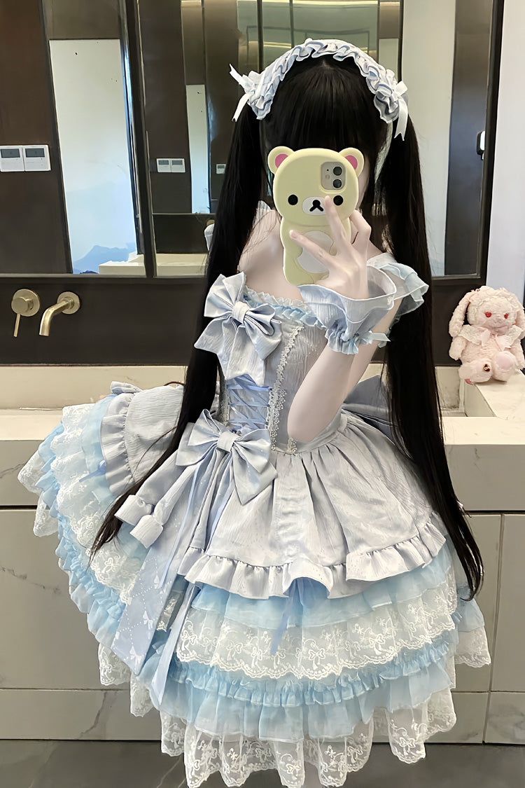 Blue Misty Mountain Veil Sleeveless Multi-Layered Ruffled Bow Lace Sweet Princess Ballet Lolita Jsk Dress