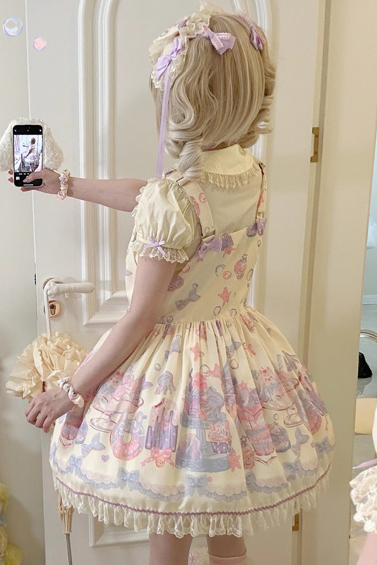 Cream Soda Mermaid Print Light Yellow Bowknot Lace Sweet Lolita Strap Dress