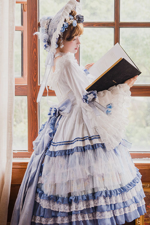 Blue/White Three Dimensional Flower Embroidery Hanayome Long Sleeves Bowknot Multi-Layer Ruffled Sweet Lolita OP Dress