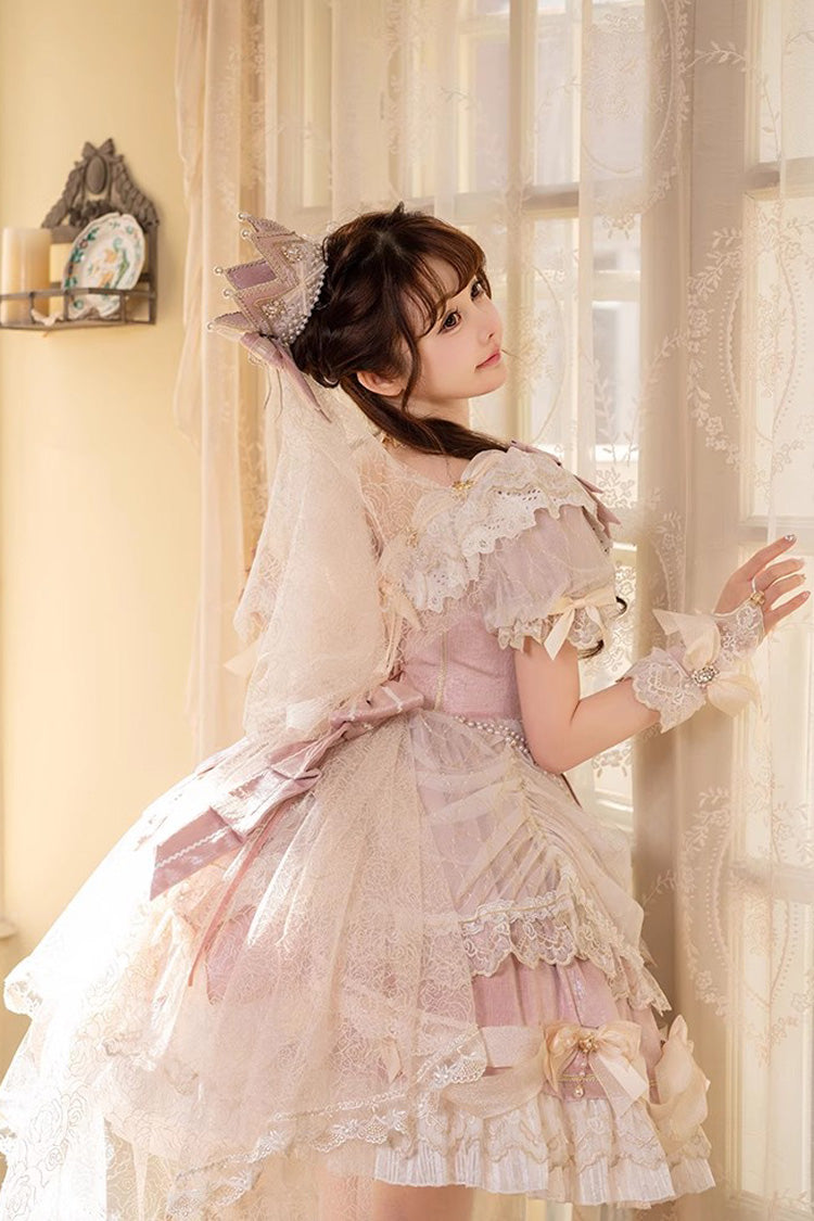 Pink Girls' Day Short Sleeves Multi-Layered Ruffle Bowknot Lace Sweet Lolita Dress 2 Versions