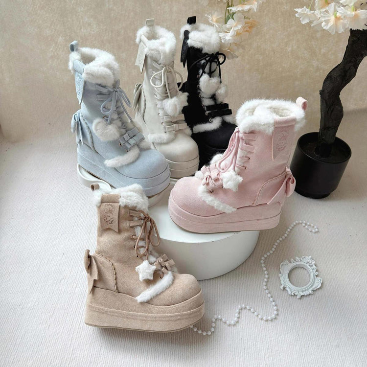 Blue Cute Platform Thick-Soled Bowknot Lace-Up Sweet Lolita Plush Boots