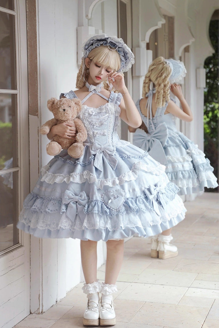 Blue Super Cute Belia Sleeveless Triple-Layered Ruffle Bowknot Lace Sweet Elegant Lolita Jsk Dress
