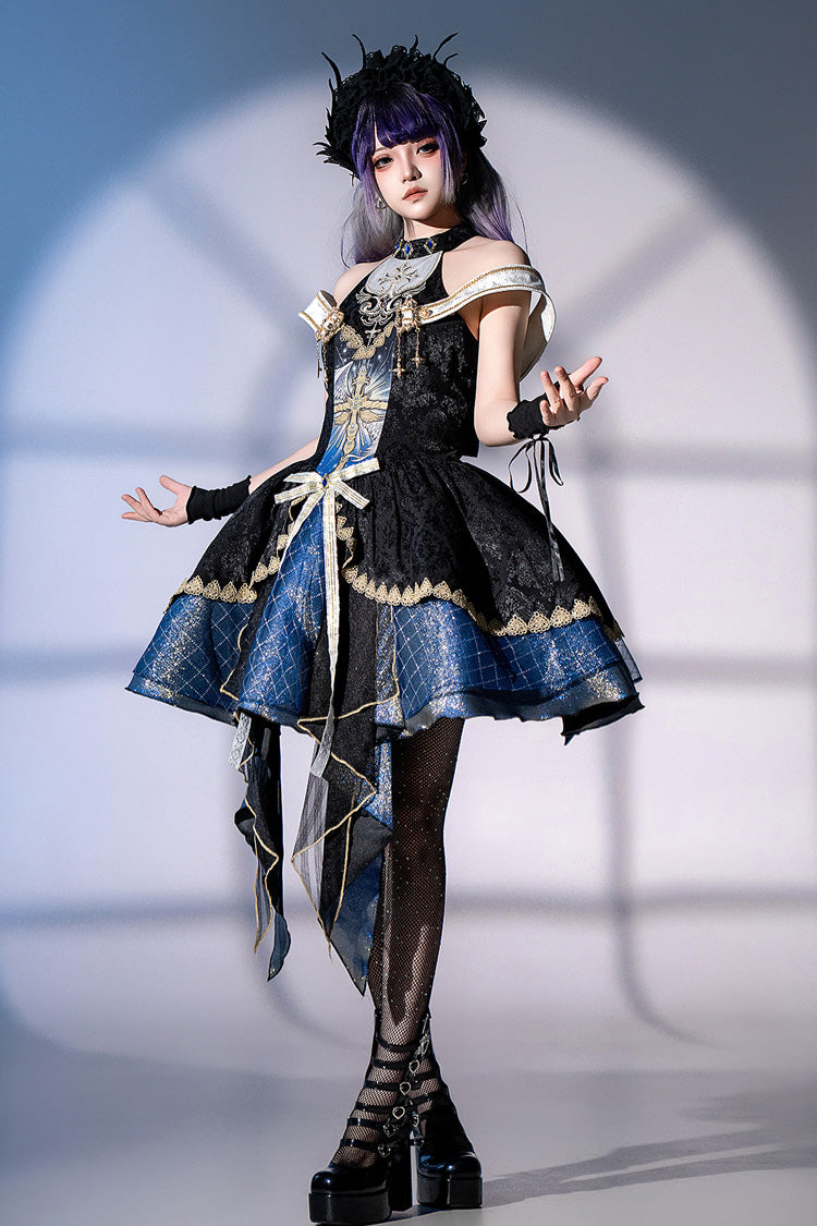 Black/Blue Universe Off Shoulder Halterneck Sleeveless Print Embroidery Cardigan Gothic Princess Lolita Dress