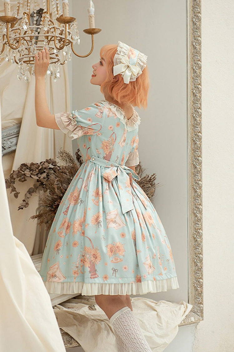 Green Miss Sunflower Short Sleeves Printed Ruffled Bow Sweet Lolita Dress