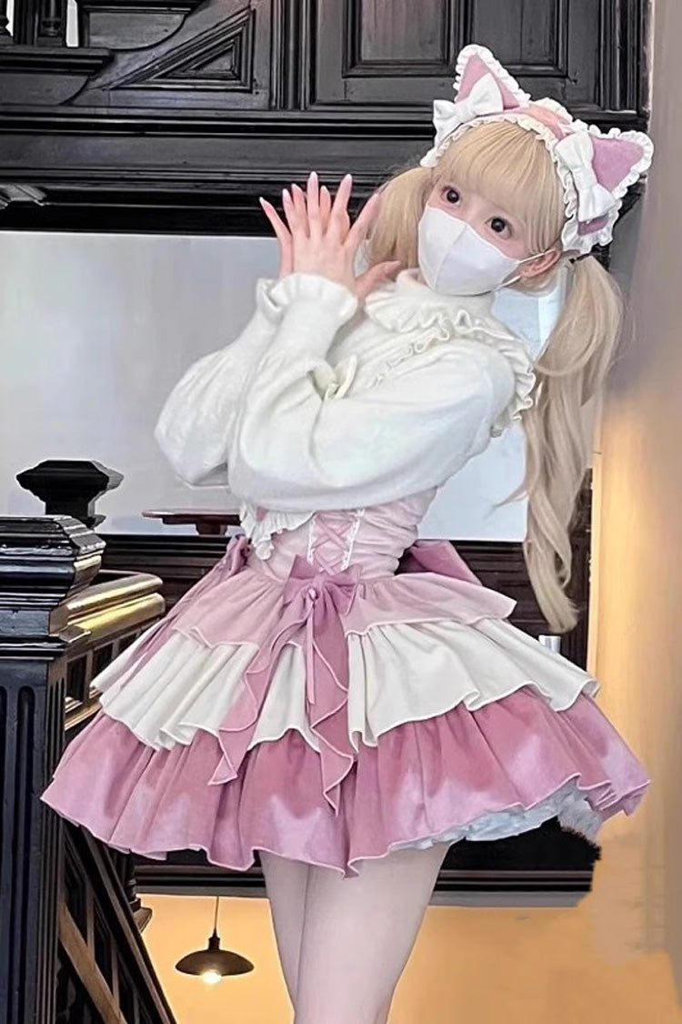 Pink Gradient Triple-Layered Ruffle Bowknot Sweet Princess Lolita Jsk Dress
