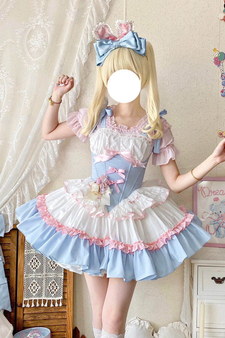 Light-Blue/Pink/White Fairy Tale Overture Triple-Layered Ruffle Bowknot Fishbone Sweet Ballet Lolita Dress