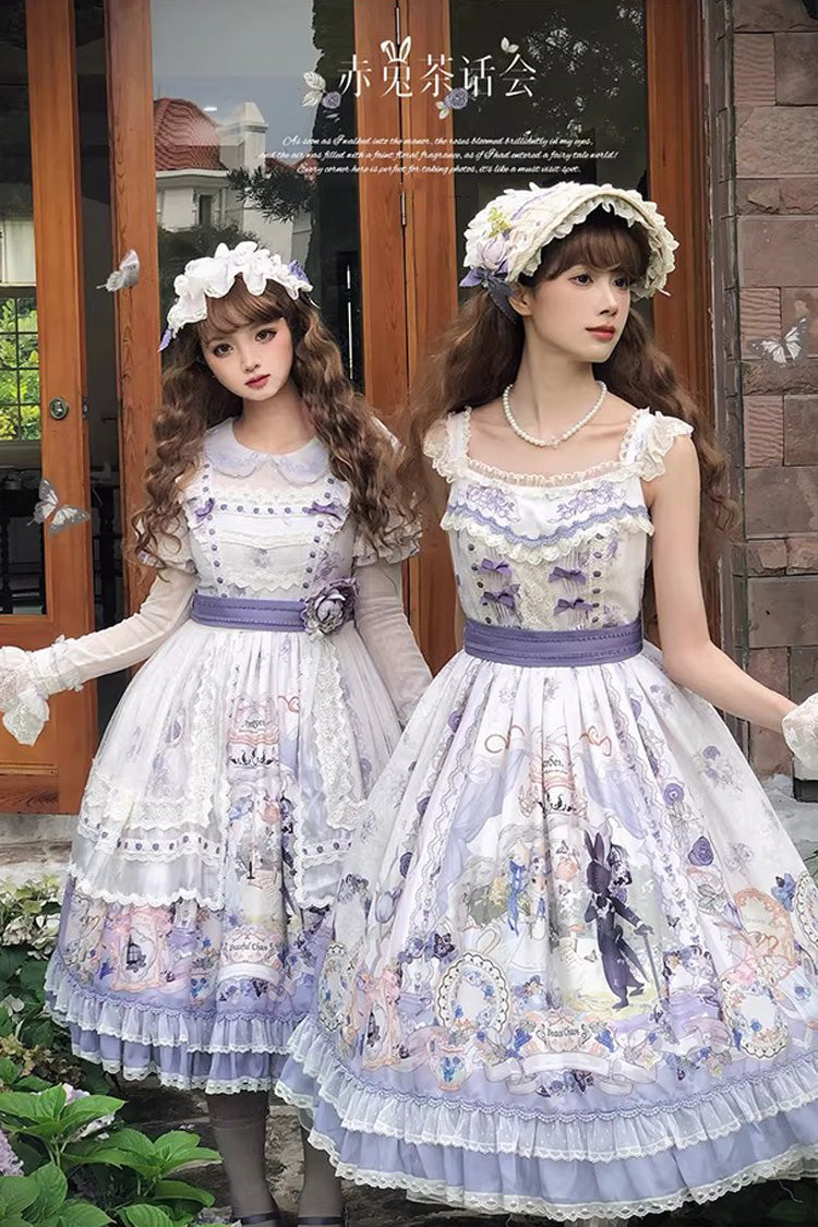 Purple Red Hare Tea Party Lapel Collar Long Sleeves Printed Ruffled Lace Chiffon Sweet Elegant Lolita Dress