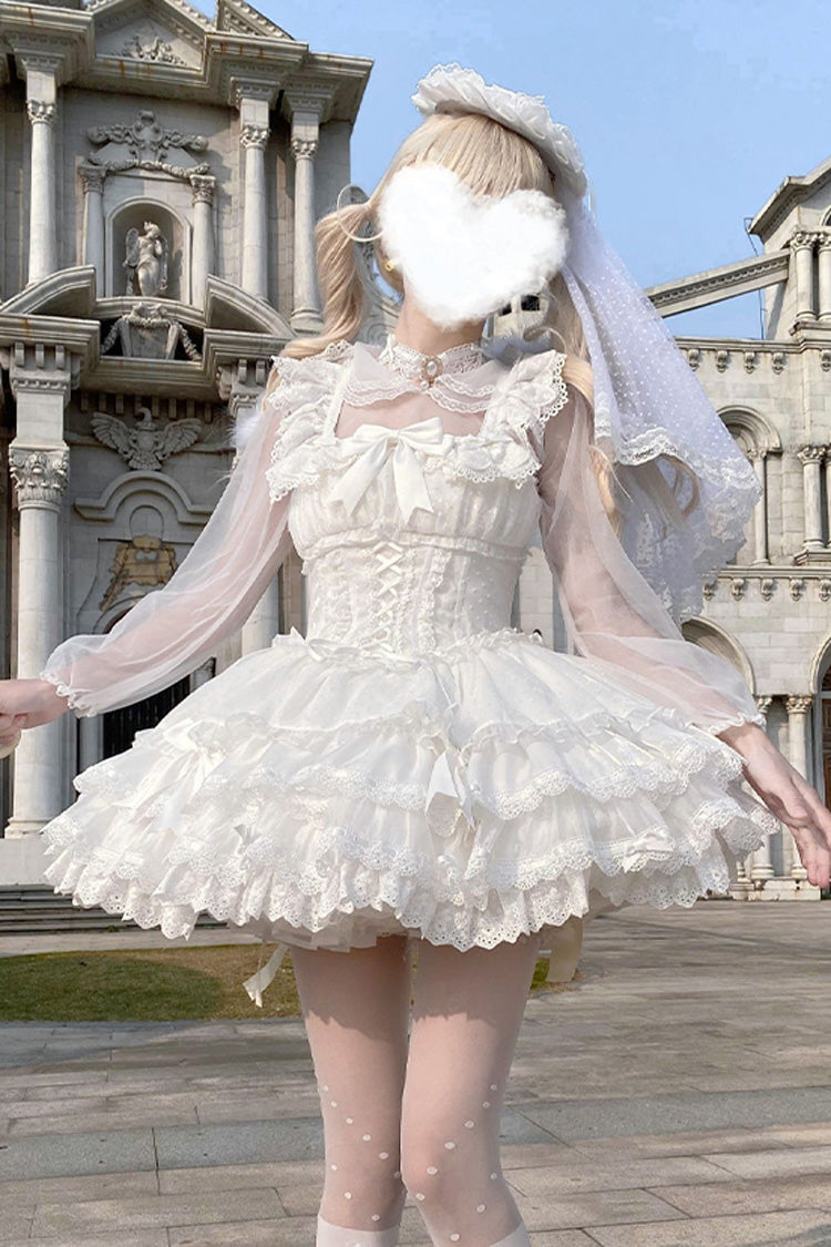 White Flory Butterfly Double-Layered Ruffle Bowknot Lace Lace-Up Sweet Ballet Lolita Jsk Dress