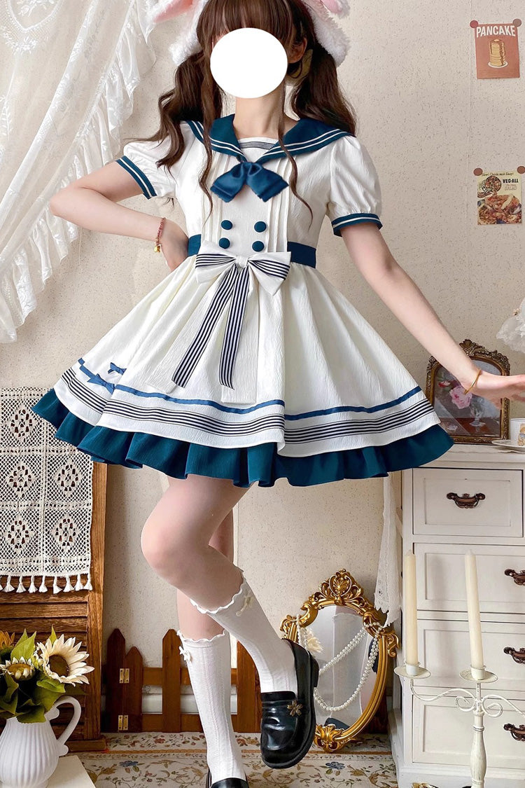 White/Green Navy Collar Short Sleeves Ruffle Bowknot Sweet Lolita Dress