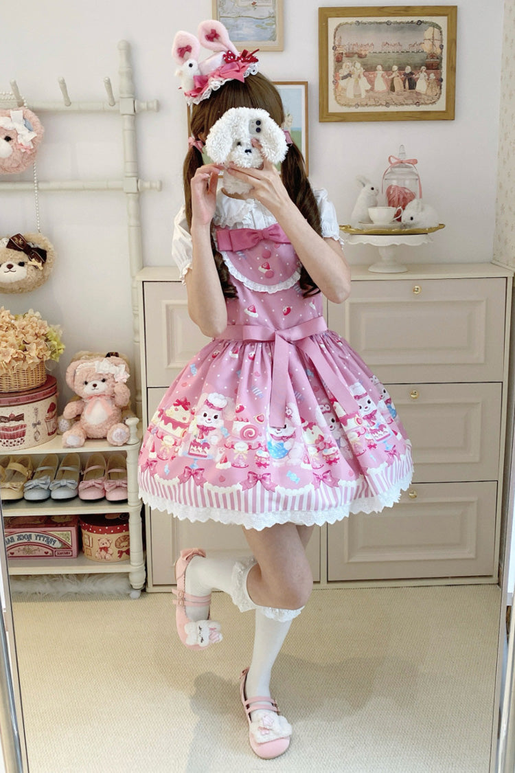 Pink Cupid Bunny Printed Sleeveless Bow Sweet Princess Lolita Strap Dress